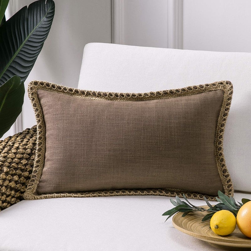 Phantoscope Farmhouse Throw Decorative Pillow Cover Burlap Linen Trimmed Tailored Edges Outdoor Pillow Geometric-Pattern Coffee 12 x 20 inches, 30 x 50 cm - Image 1